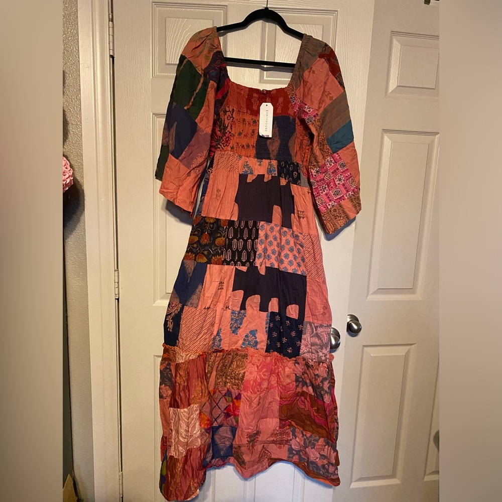 EARTHBOUND Patchwork Maxi Dress in Coral and Navy